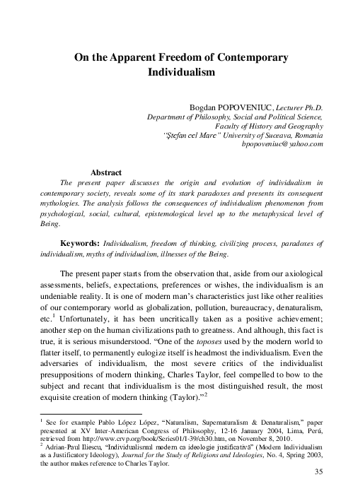 (PDF) On the Apparent Freedom of Contemporary Individualism
