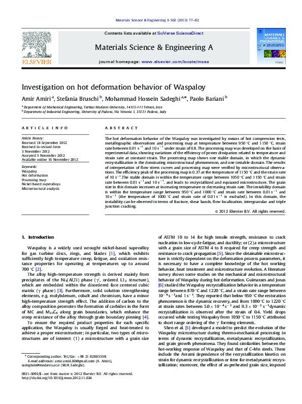 (PDF) Investigation on hot deformation behavior of Waspaloy