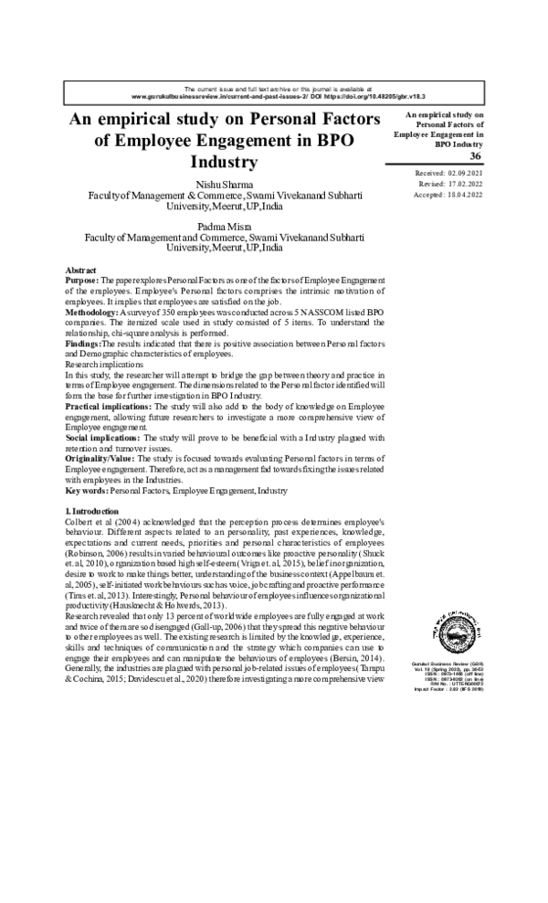 (PDF) An empirical study on Personal Factors of Employee Engagement in ...