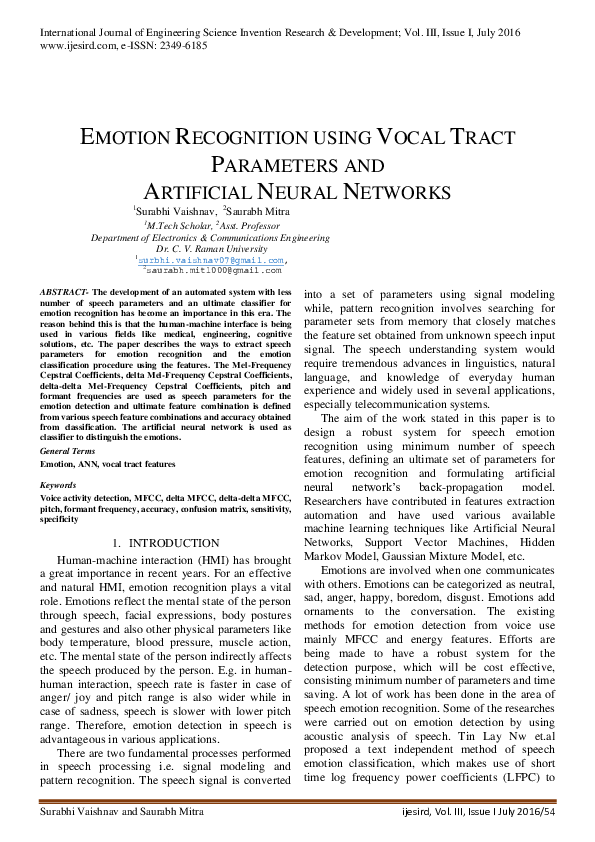 (PDF) Emotion Recognition Using Vocal Tract Parameters and Artificial ...