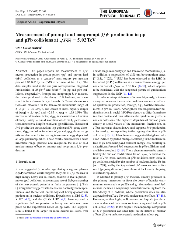 (PDF) Measurement of prompt and nonprompt $$\mathrm{J}/{\psi }$$ J / ψ ...