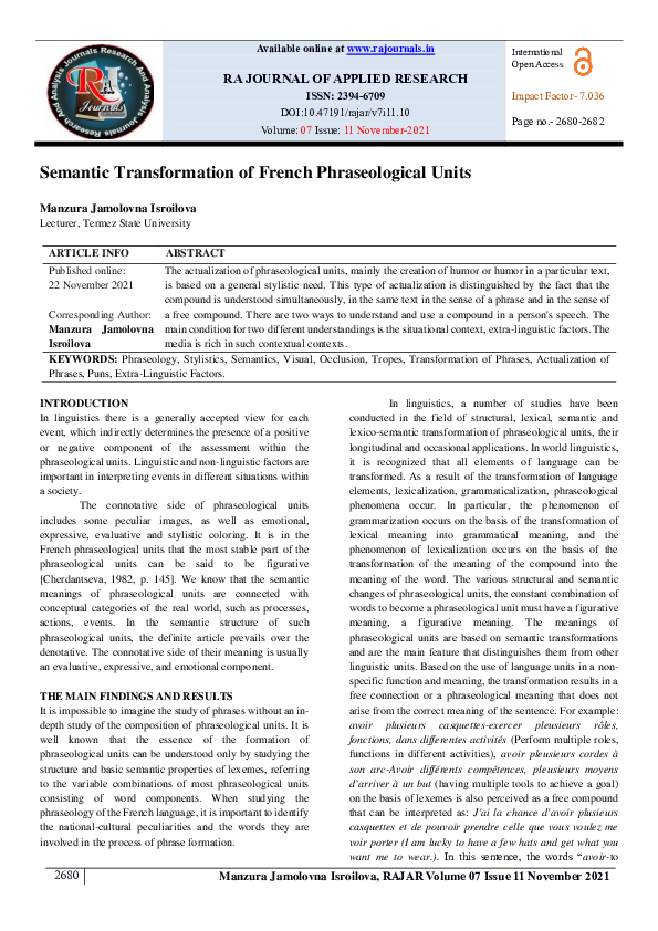 (PDF) Semantic Transformation of French Phraseological Units