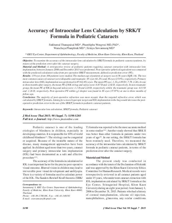 (PDF) Accuracy of Intraocular Lens Calculation by SRK/T Formula in ...