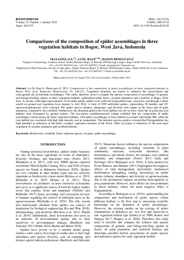 (PDF) Comparisons of the composition of spider assemblages in three ...