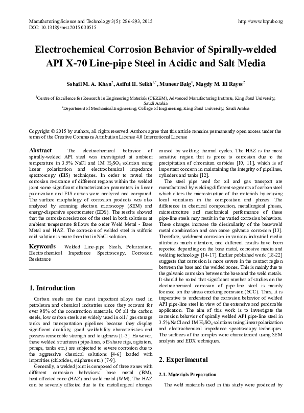 (PDF) Electrochemical Corrosion Behavior of Spirally-welded API X-70 ...