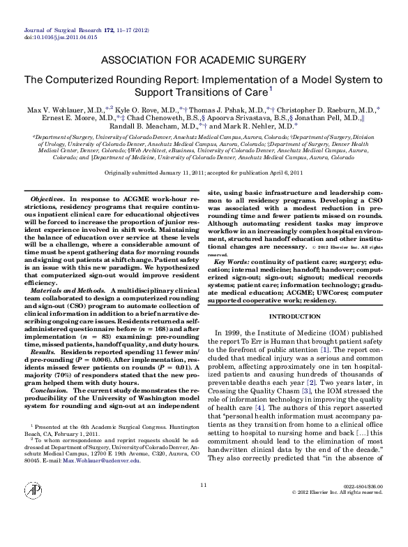 (PDF) The Computerized Rounding Report: Implementation of a Model ...