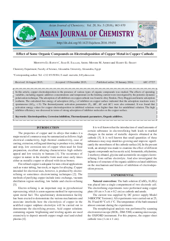 (PDF) Effect of Some Organic Compounds on Electrodeposition of Copper ...