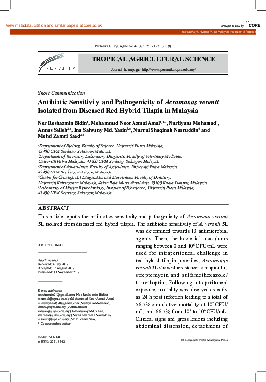 (PDF) Antibiotic sensitivity and pathogenicity of Aeromonas veronii ...