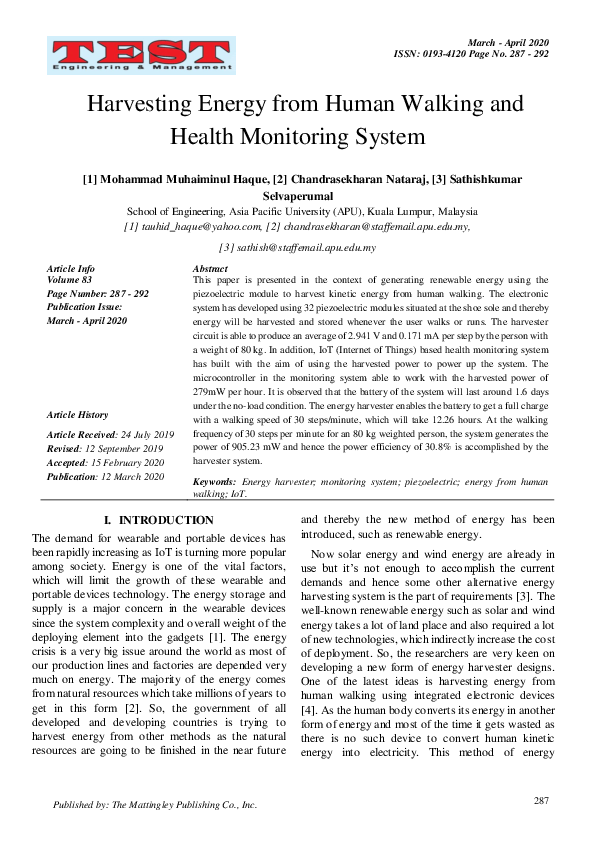 (PDF) Harvesting Energy from Human Walking and Health Monitoring System