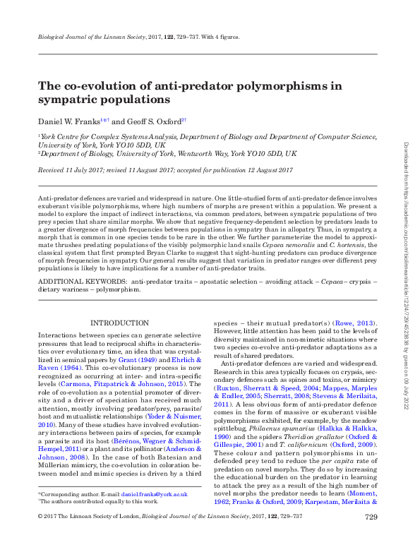 (PDF) The co-evolution of anti-predator polymorphisms in sympatric ...