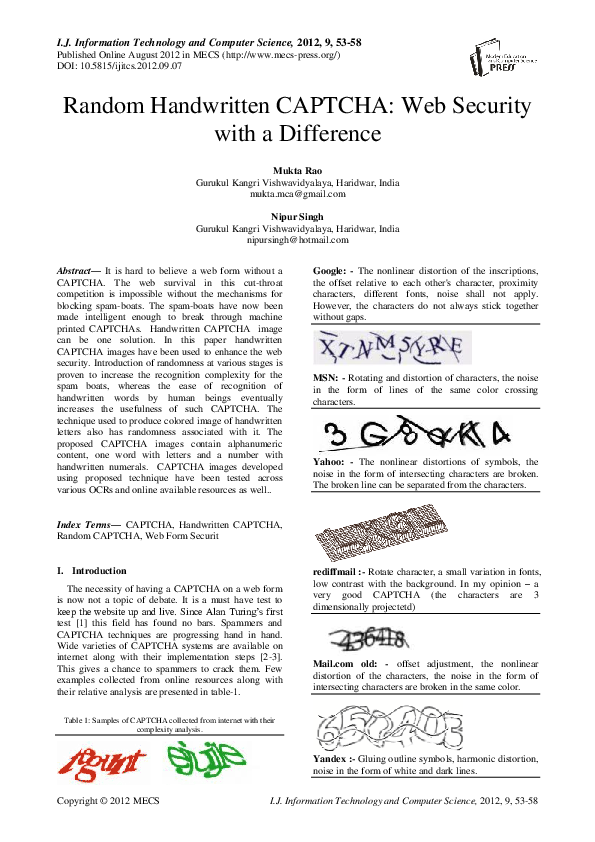 (PDF) Random Handwritten CAPTCHA: Web Security with a Difference