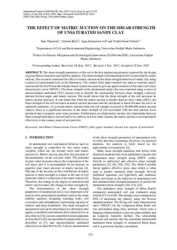 (PDF) The Effect of Matric Suction on the Shear Strength of Unsaturated ...