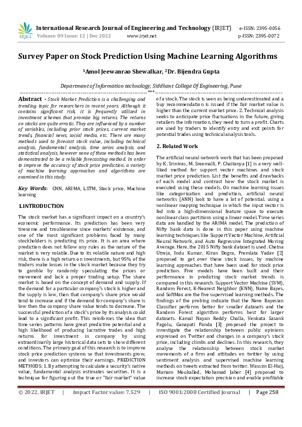 (PDF) Survey Paper on Stock Prediction Using Machine Learning Algorithms