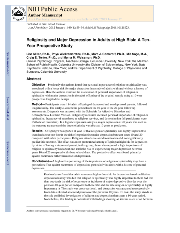 (PDF) Religiosity and Major Depression in Adults at High Risk: A Ten ...
