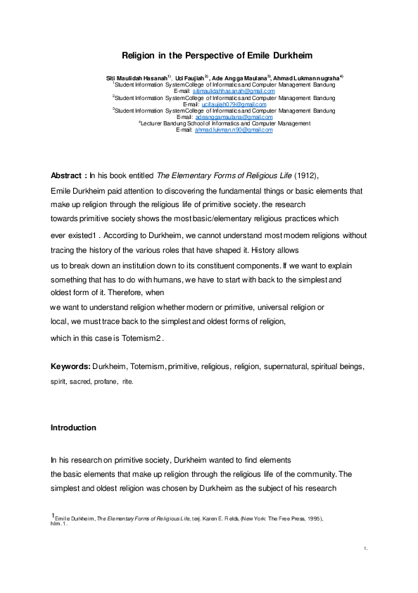 (PDF) Religion in the Perspective of Emile Durkheim