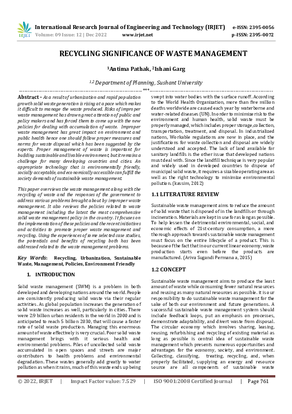 (PDF) RECYCLING SIGNIFICANCE OF WASTE MANAGEMENT IRJET Journal