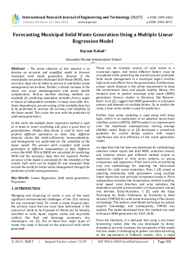 (PDF) Forecasting Municipal Solid Waste Generation Using a Multiple ...