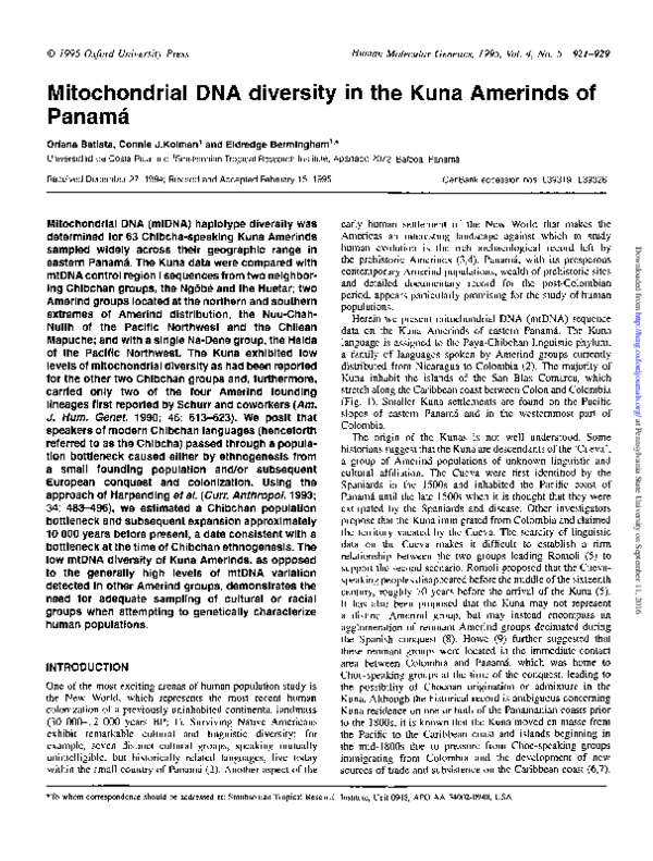 (PDF) Mitochondrial DNA diversity in the Kuna Amerinds of Panama