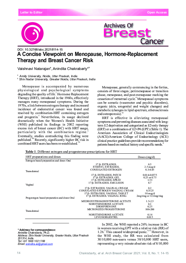 (PDF) A Concise Viewpoint on Menopause, Hormone-Replacement Therapy and ...