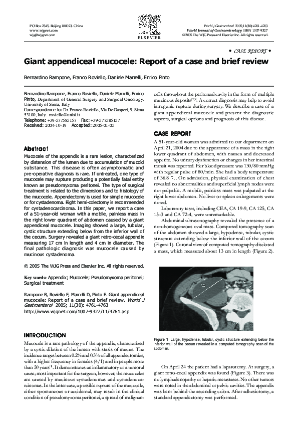 (PDF) Giant appendiceal mucocele: Report of a case and brief review