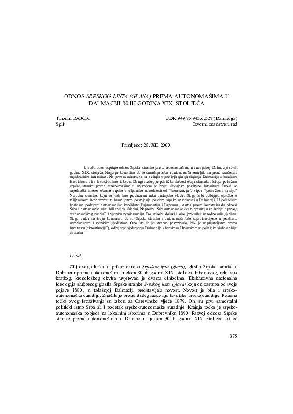 (PDF) The Behaviour of the Serbian Party towards the Dalmatian ...