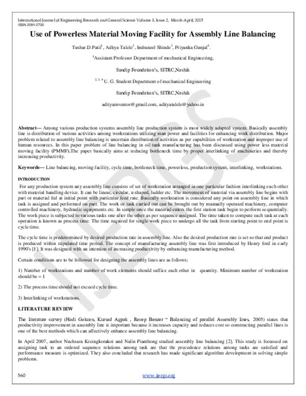 (PDF) Use of Powerless Material Moving Facility for Assembly Line Balancing