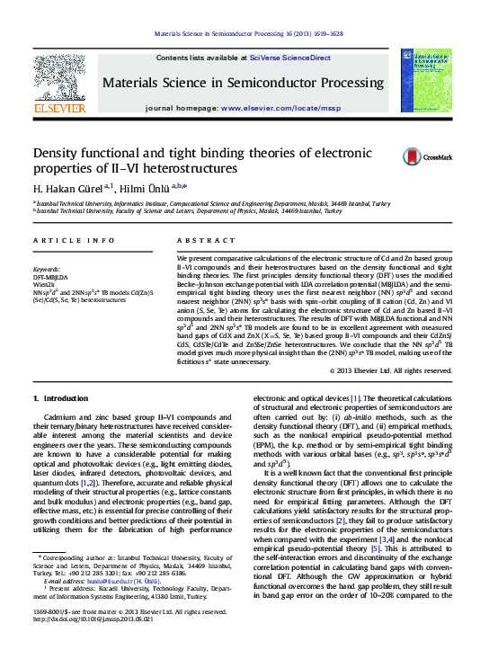 (PDF) Density functional and tight binding theories of electronic ...