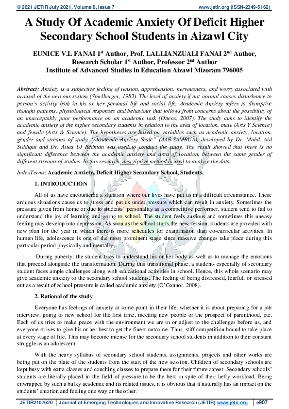 (PDF) A Study Of Academic Anxiety Of Deficit Higher Secondary School ...