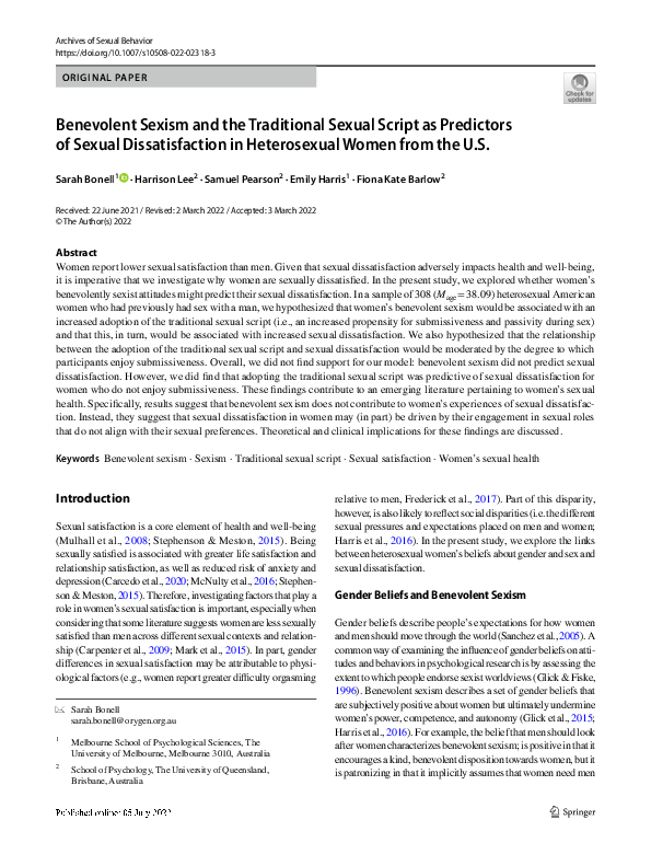 (PDF) Benevolent Sexism and the Traditional Sexual Script as Predictors ...