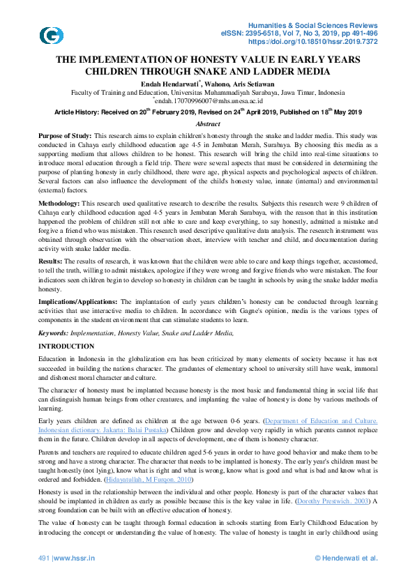 (PDF) The Implementation of Honesty Value in Early Years Children ...