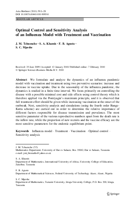 (PDF) Optimal Control and Sensitivity Analysis of an Influenza Model ...