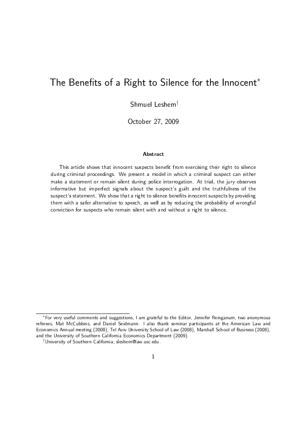 (PDF) The benefits of a right to silence for the innocent