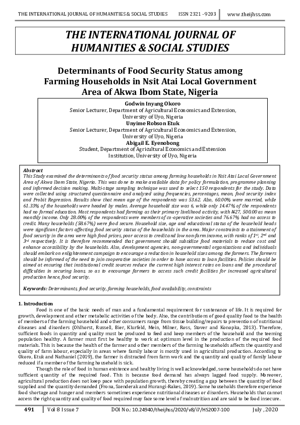 (PDF) Determinants of Food Security Status among Farming Households in ...