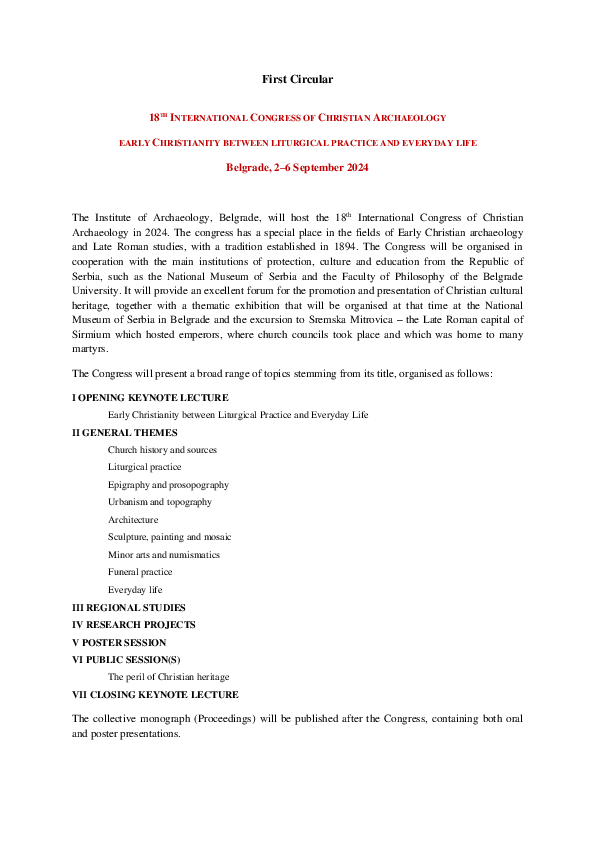 (PDF) First Circular 18 TH INTERNATIONAL CONGRESS OF CHRISTIAN ARCHAEOLOGY