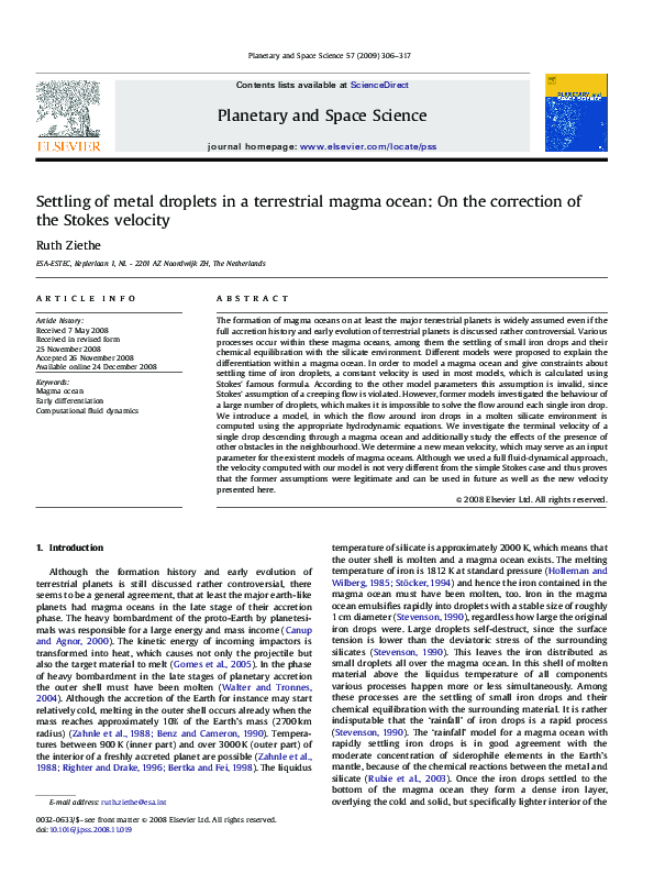 (PDF) Settling of metal droplets in a terrestrial magma ocean: On the ...