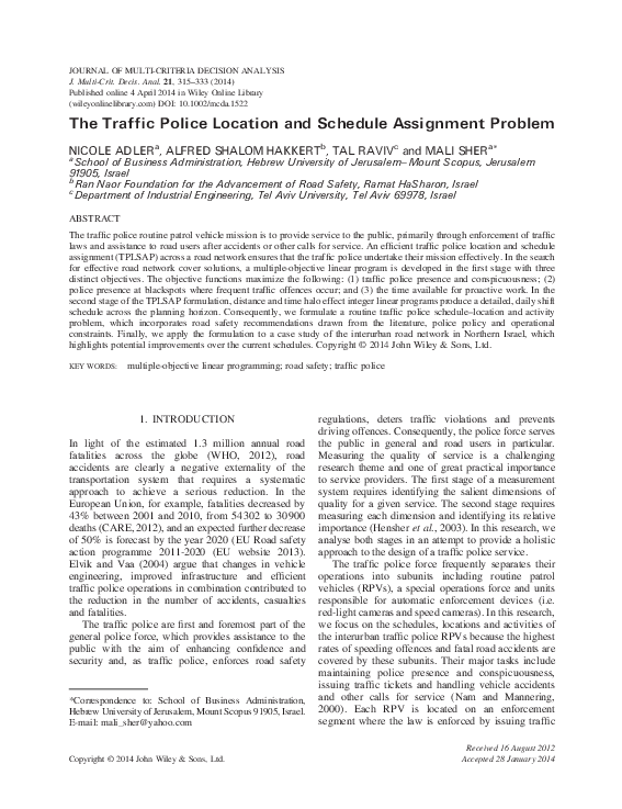 (PDF) The Traffic Police Location and Schedule Assignment Problem