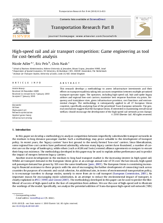 (PDF) Highspeed rail and air transport competition Game engineering as tool for costbenefit