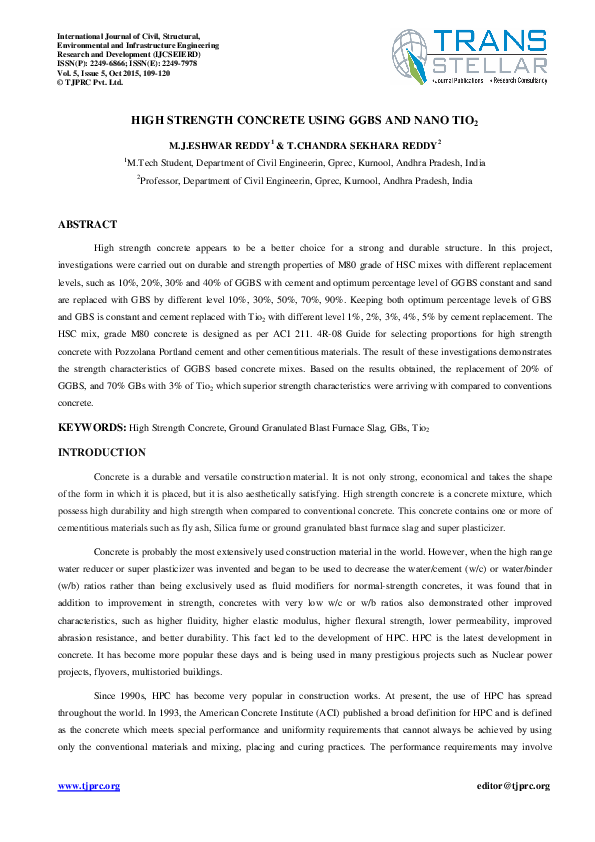 (PDF) High Strength Concrete Using GGBS and Nano Tio