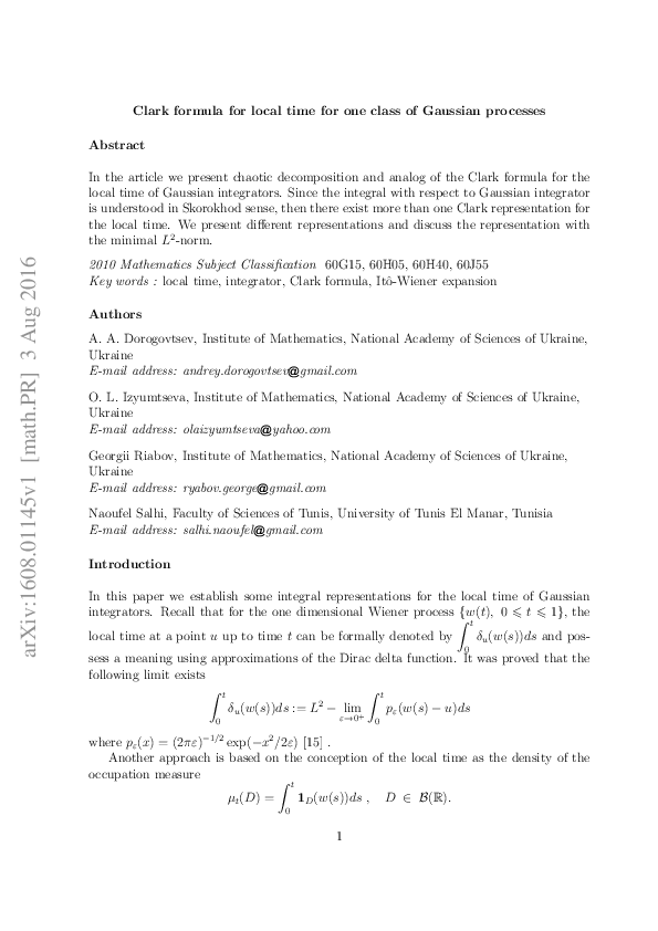 (PDF) Clark formula for local time for one class of Gaussian processes
