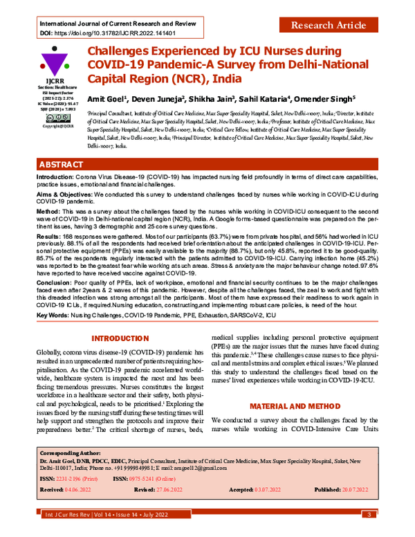 (PDF) Challenges Experienced by ICU Nurses during COVID-19 Pandemic-A ...