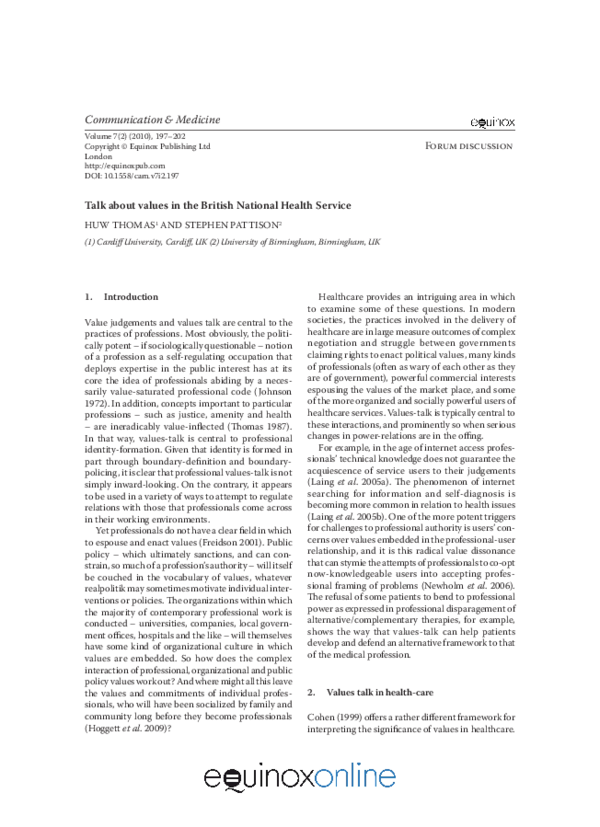 (PDF) Talk about Values in the British National Health Service