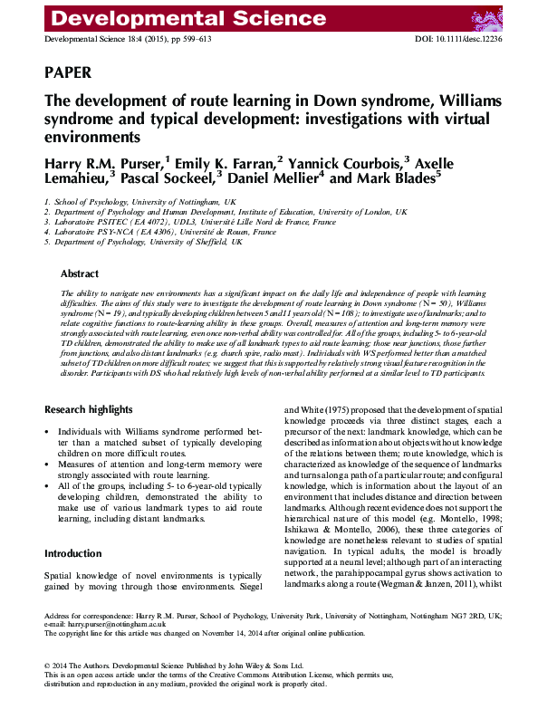(PDF) The development of route learning in Down syndrome, Williams ...
