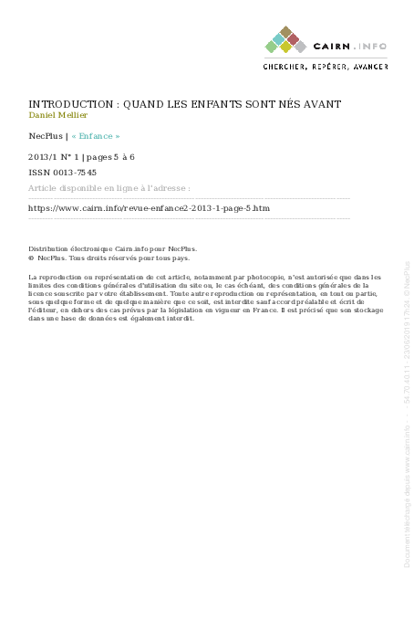 (PDF) Introduction : Quand les enfants sont nés avant