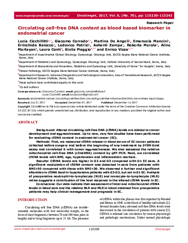 (PDF) Circulating cell-free DNA content as blood based biomarker in ...