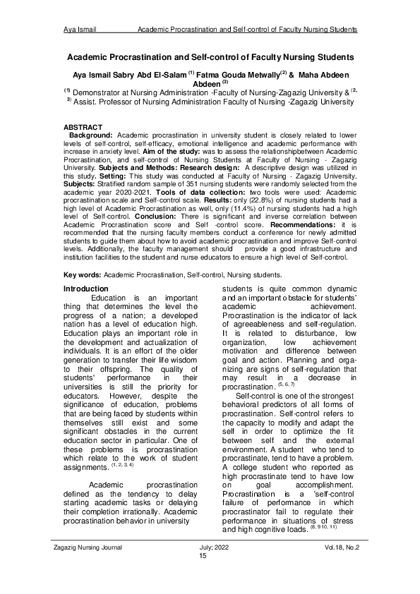 (PDF) Academic Procrastination and Self-control of Faculty Nursing Students