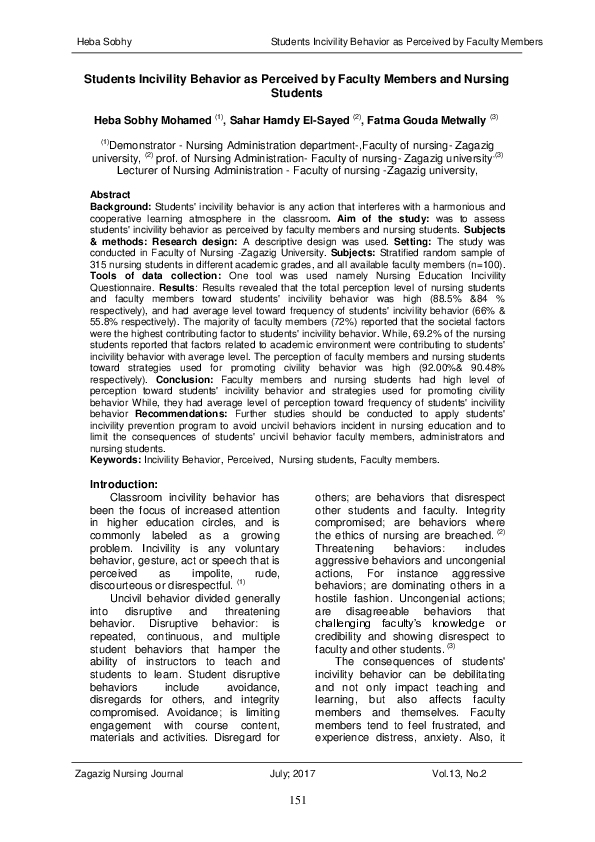 (PDF) Students Incivility Behavior as Perceived by Faculty Members and ...
