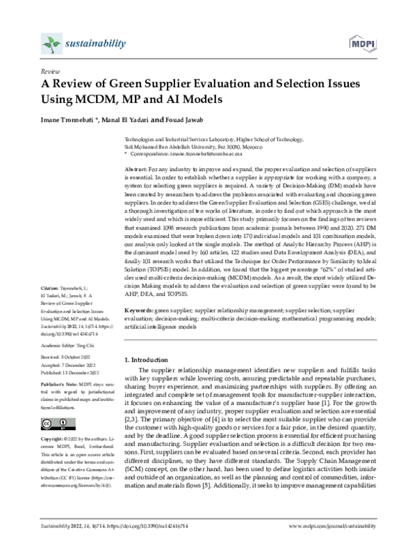 (PDF) A Review of Green Supplier Evaluation and Selection Issues Using ...