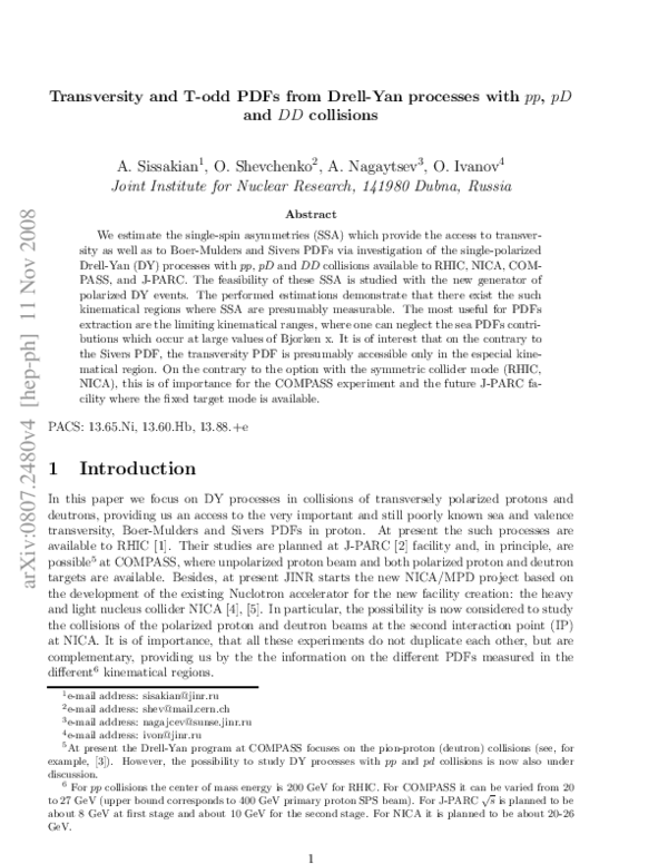 (PDF) Transversity and T-odd PDFs from Drell–Yan processes with pp, pD ...