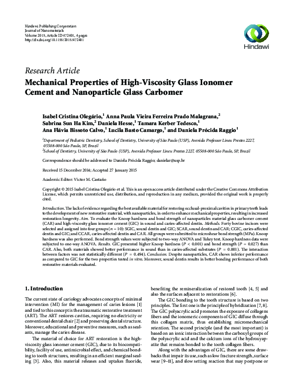 (PDF) Mechanical Properties of HighViscosity Glass Ionomer Cement and