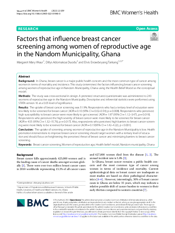 (PDF) Factors that influence breast cancer screening among women of ...